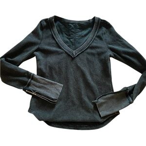 Black V-Neck Thermal Long Sleeve Top Zipper Cuffs